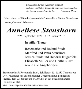 Traueranzeige von Anneliese Stenshorn von  Allg. Zeitung Bad Kreuznach