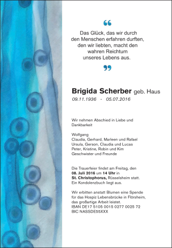 Traueranzeige von Brigida Scherber von Trauerportal Rhein Main Presse
