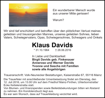 Traueranzeige von Klaus Davids von Trauerportal Rhein Main Presse Traueranzeige von Klaus Davids von Trauerportal Rhein Main Presse