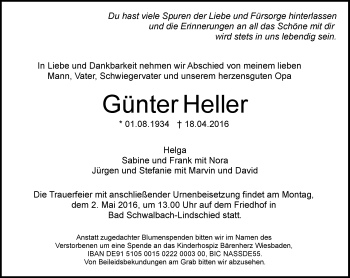 Traueranzeige von Günter Heller von  WK-UTA/Aar-Bote