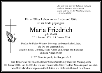 Traueranzeige von Maria Friedrich von  Usinger Anzeiger