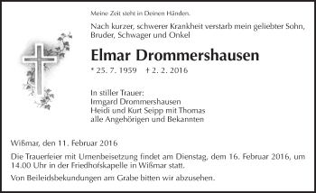 Traueranzeige von Elmar Drommershausen von  Gießener Anzeiger