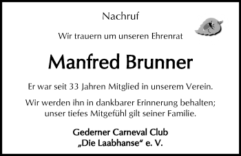 Traueranzeige von Manfred Brunner von  Kreisanzeiger