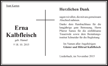 Traueranzeige von Erna Kalbfleisch von VRM Trauer
