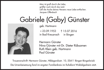 Traueranzeige von Gabriele  Günster von Trauerportal Rhein Main Presse