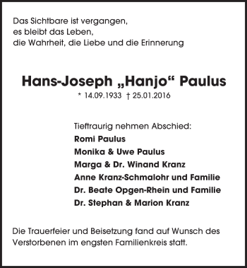 Traueranzeige von Hans-Joseph Paulus von  Allgemeine Zeitung Mainz
