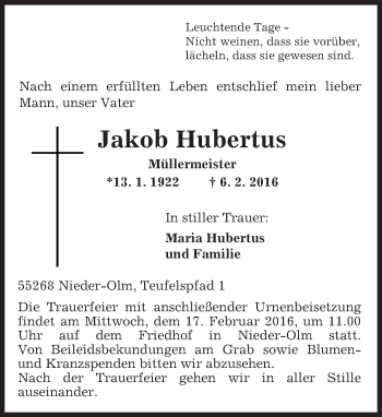 Traueranzeige von Jakob Hubertus von  Allgemeine Zeitung Mainz