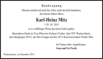 Traueranzeige von Karl-Heinz Mitz von  Allgemeine  Zeitung Ingelheim-Bingen