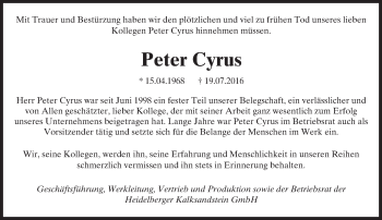 Traueranzeige von Peter Cyrus von Trauerportal Echo Online