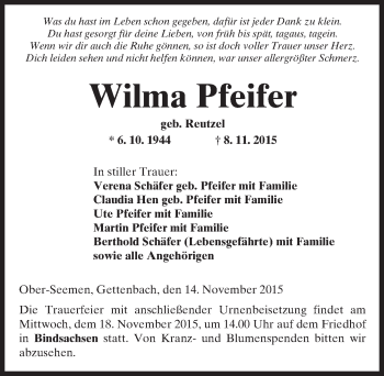 Traueranzeige von Wilma Pfeifer von  Kreisanzeiger