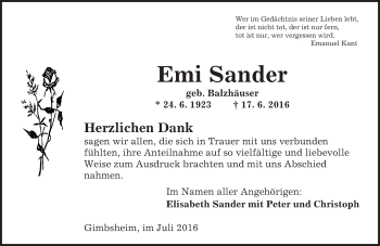 Traueranzeige von Emi Sander von Trauerportal Rhein Main Presse