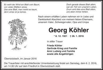 Traueranzeige von Georg Köhler von  GT Extra