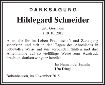Traueranzeige von Hildegard Schneider von  Sonntags Anzeiger