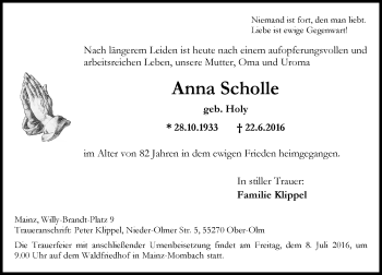 Traueranzeige von Anna Scholle von Trauerportal Rhein Main Presse