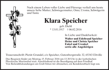 Traueranzeige von Klara Speicher von  Rheingau