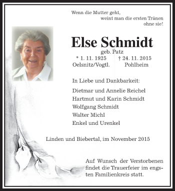 Traueranzeige von Else Schmidt von  Gießener Anzeiger