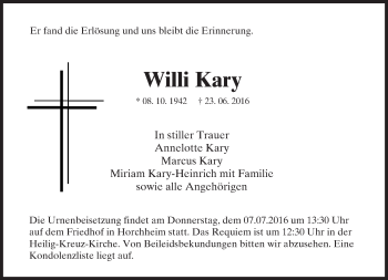 Traueranzeige von Willi Kary von Trauerportal Rhein Main Presse