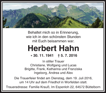 Traueranzeige von Herbert Hahn von Trauerportal Echo Online