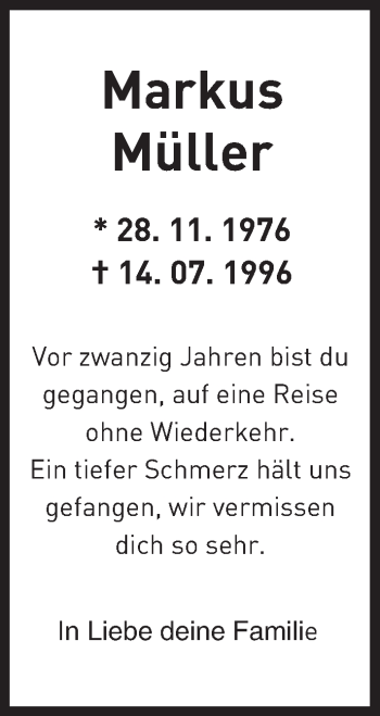 Traueranzeige von Markus Müller von  Gelnhäuser Tageblatt