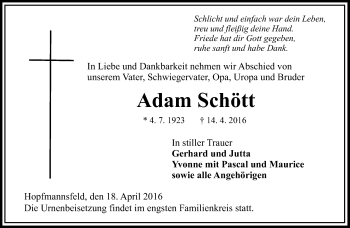 Traueranzeige von Adam Schött von VRM Trauer