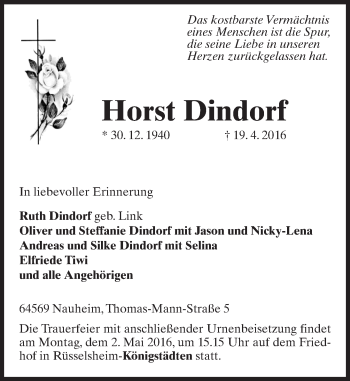 Traueranzeige von Horst Dindorf von  Mainspitze