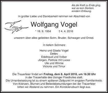 Traueranzeige von Wolfgang Vogel von  Usinger Anzeiger