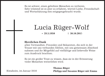 Traueranzeige von Lucia Rüger-Wolf von  Allgemeine Zeitung Mainz