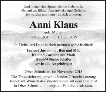 Traueranzeige von Anni Klaus von  Kreisanzeiger