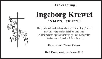 Traueranzeige von Ingeborg Krewet von  Allg. Zeitung Bad Kreuznach