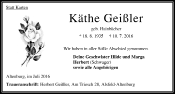 Traueranzeige von Käthe Geißler von VRM Trauer