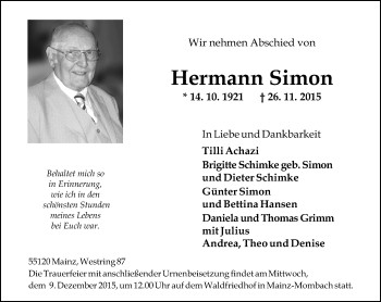 Traueranzeige von Hermann Simon von  Allgemeine Zeitung Mainz