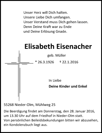 Traueranzeige von Elisebeth Eisenacher von  Allgemeine Zeitung Mainz