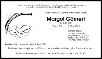 Traueranzeige von Margot Görnert von  Gießener Anzeiger