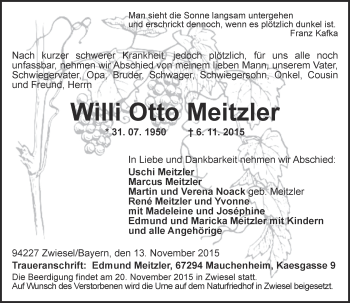 Traueranzeige von Willi Otto Meitzler von  Allgemeine Zeitung Alzey