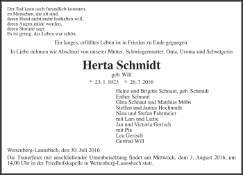 Traueranzeige von Herta Schmidt von  Gießener Anzeiger