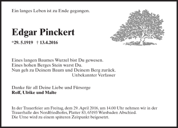 Traueranzeige von Edgar Pinckert von  Allgemeine Zeitung Mainz