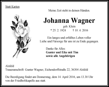 Traueranzeige von Johanna Wagner von VRM Trauer
