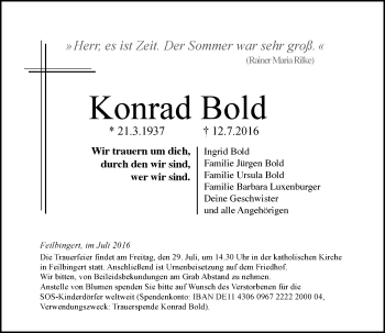 Traueranzeige von Konrad Bold von Trauerportal Rhein Main Presse