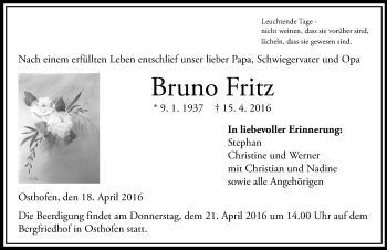 Traueranzeige von Bruno Fritz von  Wormser Zeitung