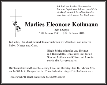 Traueranzeige von Marlies Eleonore Koßmann von  Usinger Anzeiger