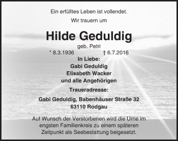 Traueranzeige von Hilde Geduldig von Trauerportal Echo Online