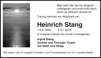 Traueranzeige von Heinrich Stang von Trauerportal Echo Online