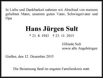 Traueranzeige von Hans Jürgen Sult von  Gießener Anzeiger
