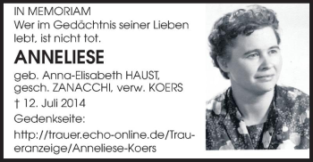 Traueranzeige von Anna HAUST von Echo Online