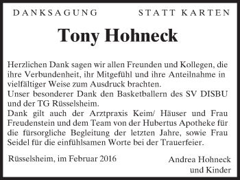 Traueranzeige von Tony Hohneck von  Mainspitze Traueranzeige von Tony Hohneck von  Mainspitze