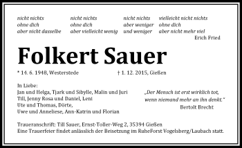 Traueranzeige von Folkert Sauer von  Gießener Anzeiger
