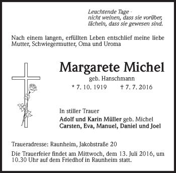 Traueranzeige von Margarete Michel von Trauerportal Rhein Main Presse
