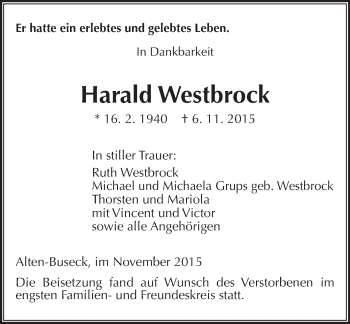 Traueranzeige von Harald Westbrock von  Gießener Anzeiger