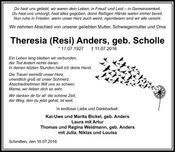 Traueranzeige von Theresia Anders von  Usinger Anzeiger
