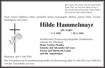 Traueranzeige von Hilde Hammelmayr von  Kreisanzeiger